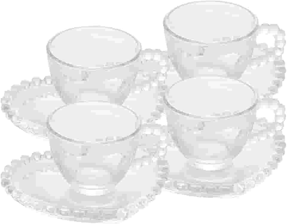 WOLFF - Conjunto 4 Xícaras de Café de Cristal com Pires Coração 85ml - Linha Pearl