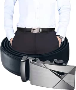 Cinto Social Masculino em Couro com Fivela Automática Geométrica, Design Moderno, Preto