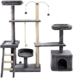 Arranhador de gato grande, luxuoso, ajustável, multifuncional com casa, camas, poleiros, escada e brinquedo giratório