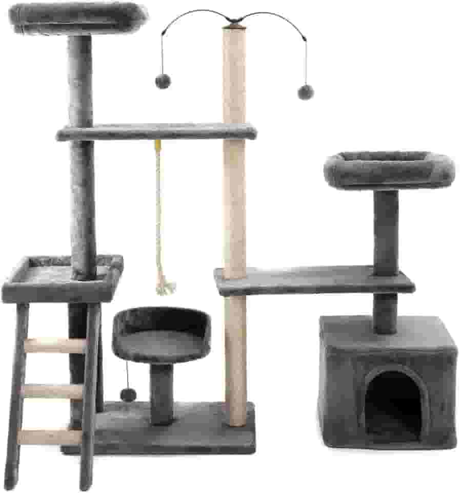 Arranhador de gato grande, luxuoso, ajustável, multifuncional com casa, camas, poleiros, escada e brinquedo giratório