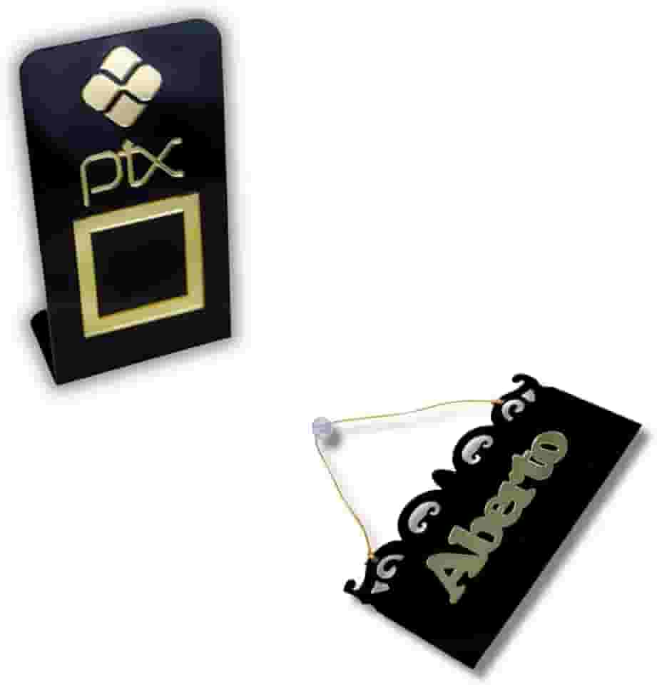 Placa PIX expositor de Qr code + Placa Loja Aberto Fechado Acrilico Com Ventosa (Preto com Dourado)