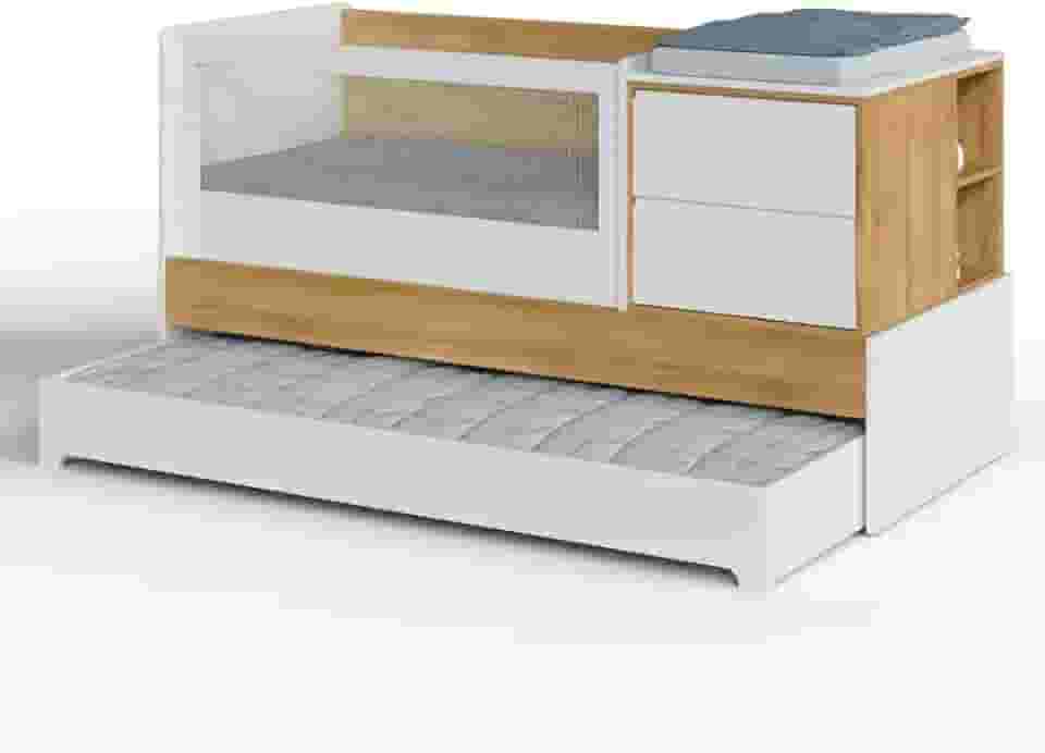 Berço Multifuncional Sol e Mar 7 em 1 Divicar com Cômoda Acoplada, Cama Auxiliar, Escrivaninha e Sistema Antirrefluxo Pneumático em MDF com Acabamento Laqueado UV (Branco/Carvalho Treviso)