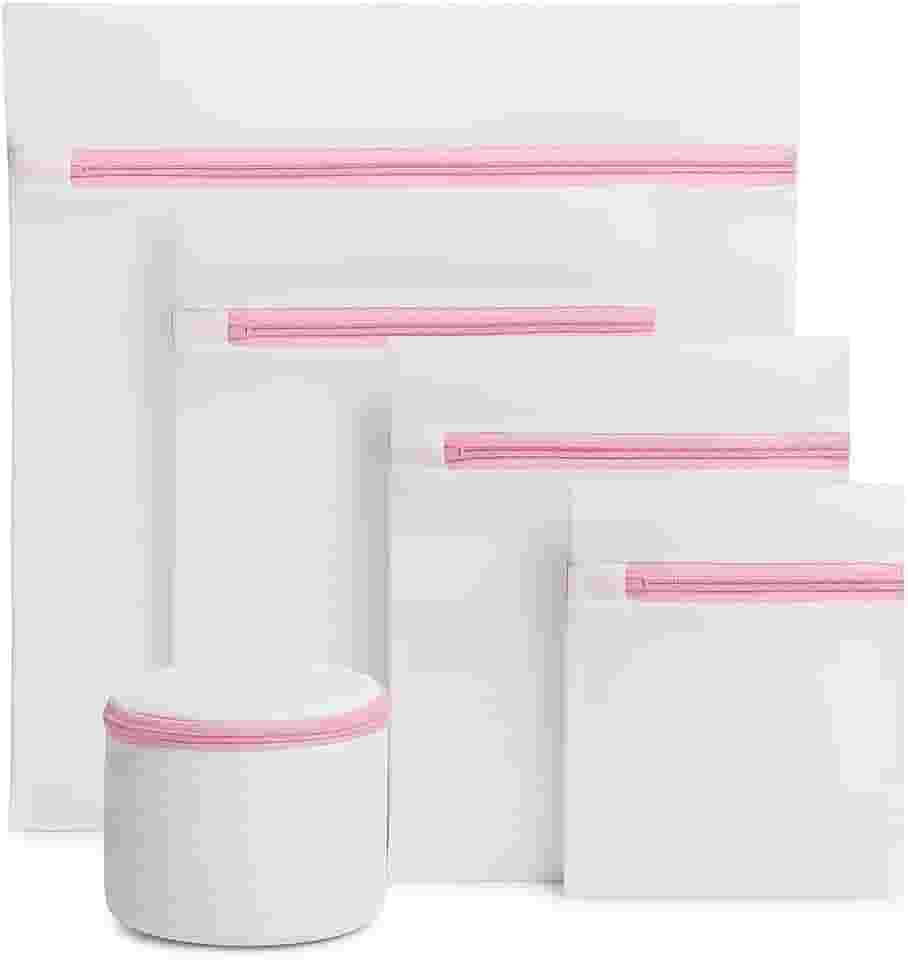 Kit 5 Sacos de Lavar Roupas Delicadas Máquina de Lavar Roupa Cinco Tamanhos Diferentes com Cestinho Proteção para Lingeries Peças Finas Fechamento com Zíper Organizador e Protetor