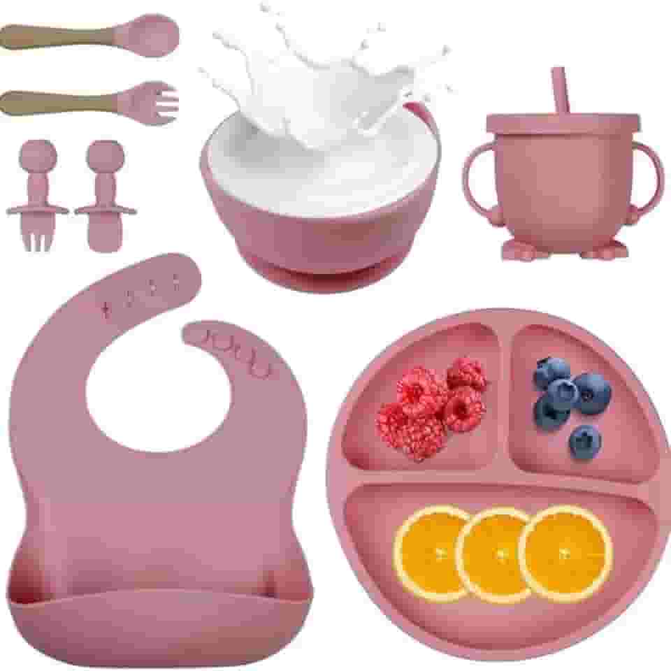 Kit Refeição Infantil em Silicone 8 Peças, Pratos e Talheres para Bebê Introdução alimentar bebê (Terra cota)