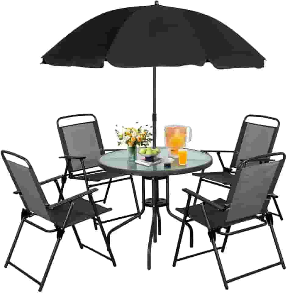 Conjunto Mesa HollyWave Redonda de Vidro com 4 Cadeiras Dobráveis e Guarda-Sol, Ideal para Jardim, Varanda, Quintal e Área de Lazer Externa