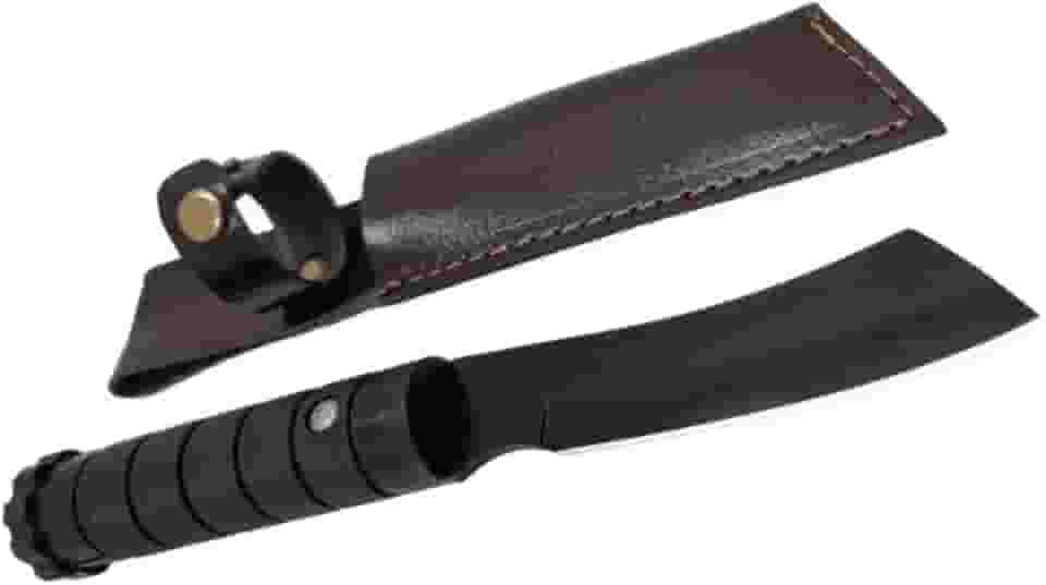 Faca Tática de Combate Preta, Comprimento Total 24cm, Cabo Ergonômico Texturizado, com Bainha de Couro, Esporte, Camping, Pesca, Full Tang
