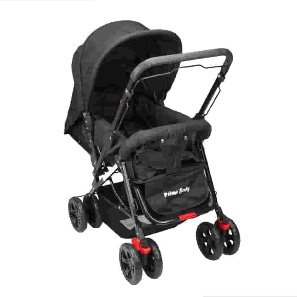 Carrinho de Bebê Prime Baby Berço 2 em 1 Rover com Alça Reversível Encosto Reclinável Cinto 5 Pontos Capota com Visor Até 15kg (Preto)