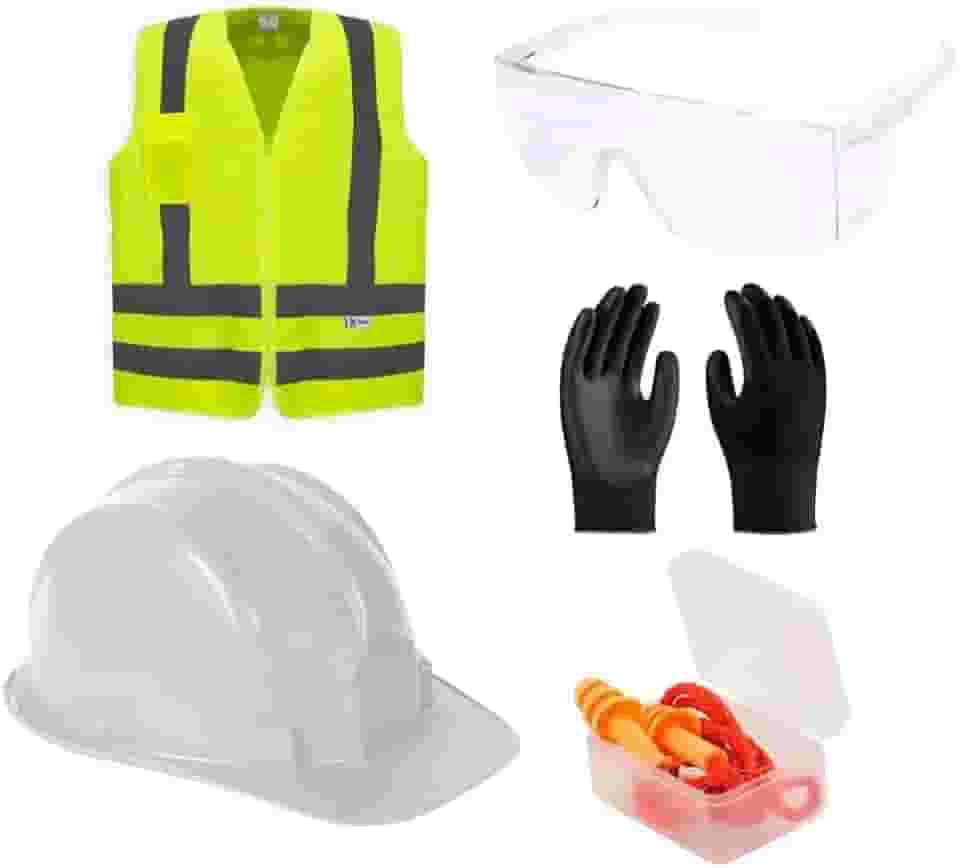 Kit Obras Segurança e Proteção Capacete Luva Colete Protetor Auricular Óculos de proteção
