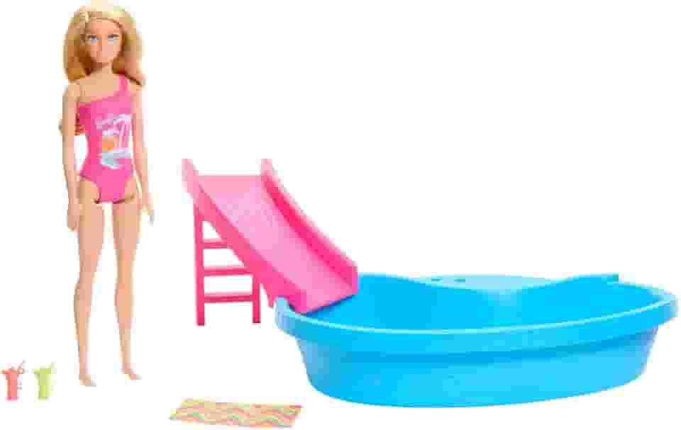Barbie Conjunto de Brinquedo Piscina Glam com Boneca Maiô Rosa para crianças a partir de 3 anos