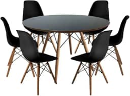 Conjunto de Mesa de Jantar Eames Eiffel Redonda 110cm Tampo de Madeira Preto com 6 Cadeiras Pretas