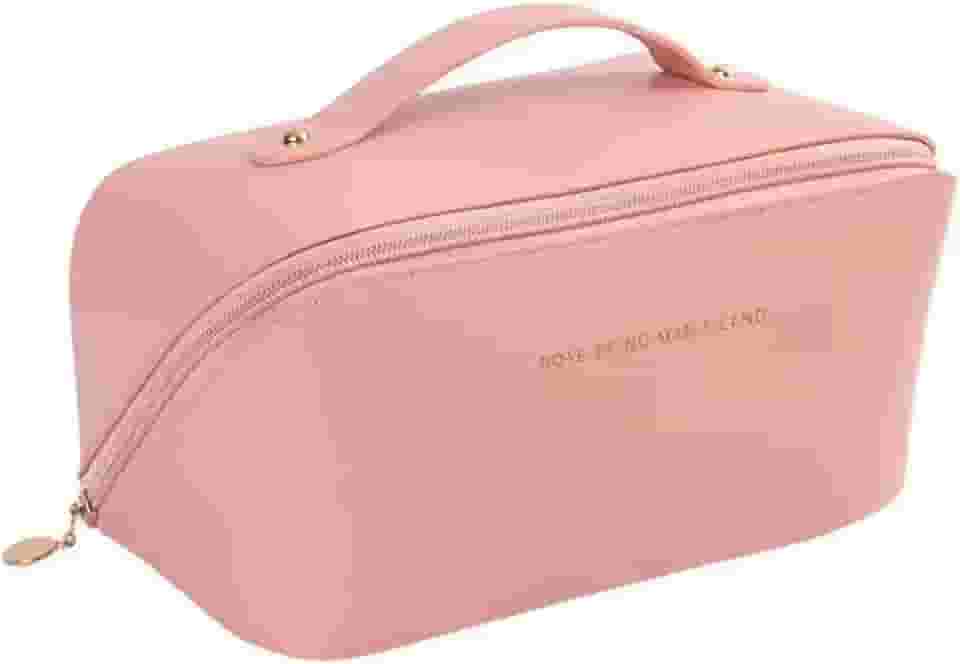 Necessaire Feminina Maquiagem Grande Cosméticos Viagem Estojo Bolsa Organizadora Higiene Pessoal Couro Sintético Luxo Elegância Batom Shampoo Maquiagens Cremes (Rosa)