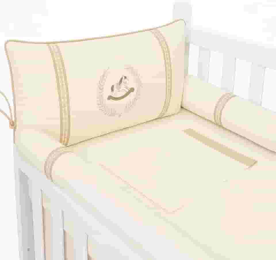 Kit Enxoval Berço Americano em linho Bordado Cavalinho Bege Neutro