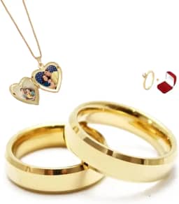 Par de Alianças Italianas 4mm Anatomicas Chanfradas com Anel Solitário com Pedra de Zirconia e Colar Relicário Porta Fotos Banhados a Ouro Com Caixa de Veludo Casamento Noivado Namoro