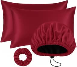 Kit Cetim Antifrizz 2 Fronhas Touca de Cetim Regulável Xuxinha Scrunchie Cabelo para Dormir (2 FRONHAS, 1 TOUCA VINHO)