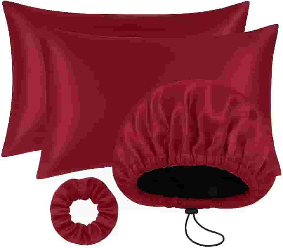 Kit Cetim Antifrizz 2 Fronhas Touca de Cetim Regulável Xuxinha Scrunchie Cabelo para Dormir (2 FRONHAS, 1 TOUCA VINHO)