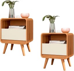 Kit 2 Mesas de Cabeceira Retrô com Gaveta Channel - Nature com Off White