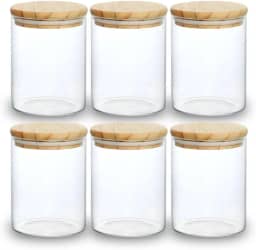 Kit 06 Potes de Mantimentos Herméticos 300ml Pote Redondo de Vidro Tampa De Bambu Premium