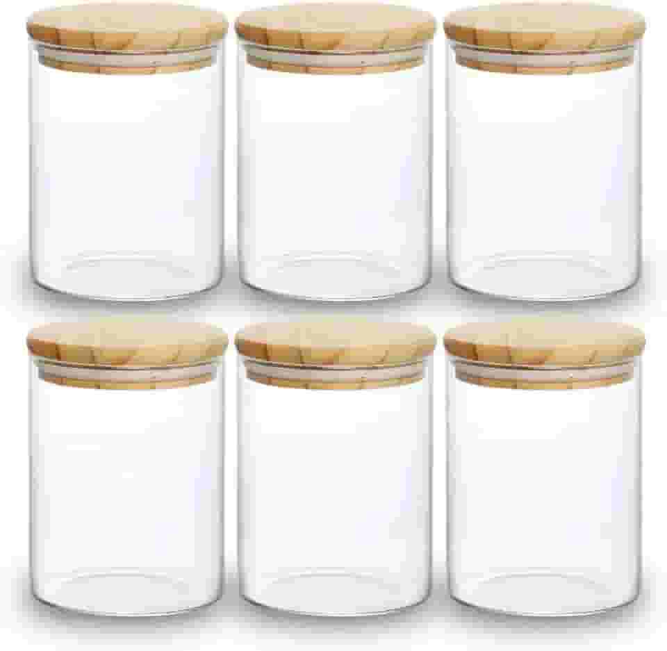 Kit 06 Potes de Mantimentos Herméticos 300ml Pote Redondo de Vidro Tampa De Bambu Premium