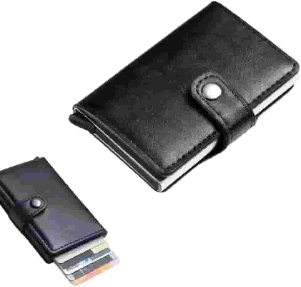 Carteira Slim com Proteção RFID, Couro, Porta Cartões com Pop-up Automático, Preto e Marrom, Design Minimalista, Proteçâo Contra Furto