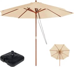 Ombrelone Madeira Guarda Sol 2,4 Metros Sombreiro Piscina Jardim Bege Com Base Plástica Preta - Mor