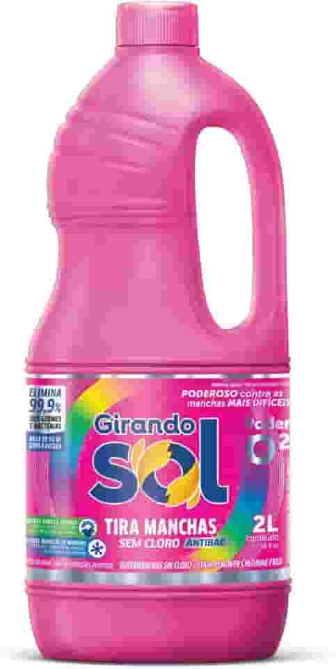 Tira Manchas Líquido Sem Cloro Girando Sol 2L, Sabão Líquido Tira Manchas, Rosa, Poderoso Contra As Manchas Mais Difíceis, Branco Mais Branco, Colorido Mais Vivo, Sua Casa Merece O Melhor Cuidado
