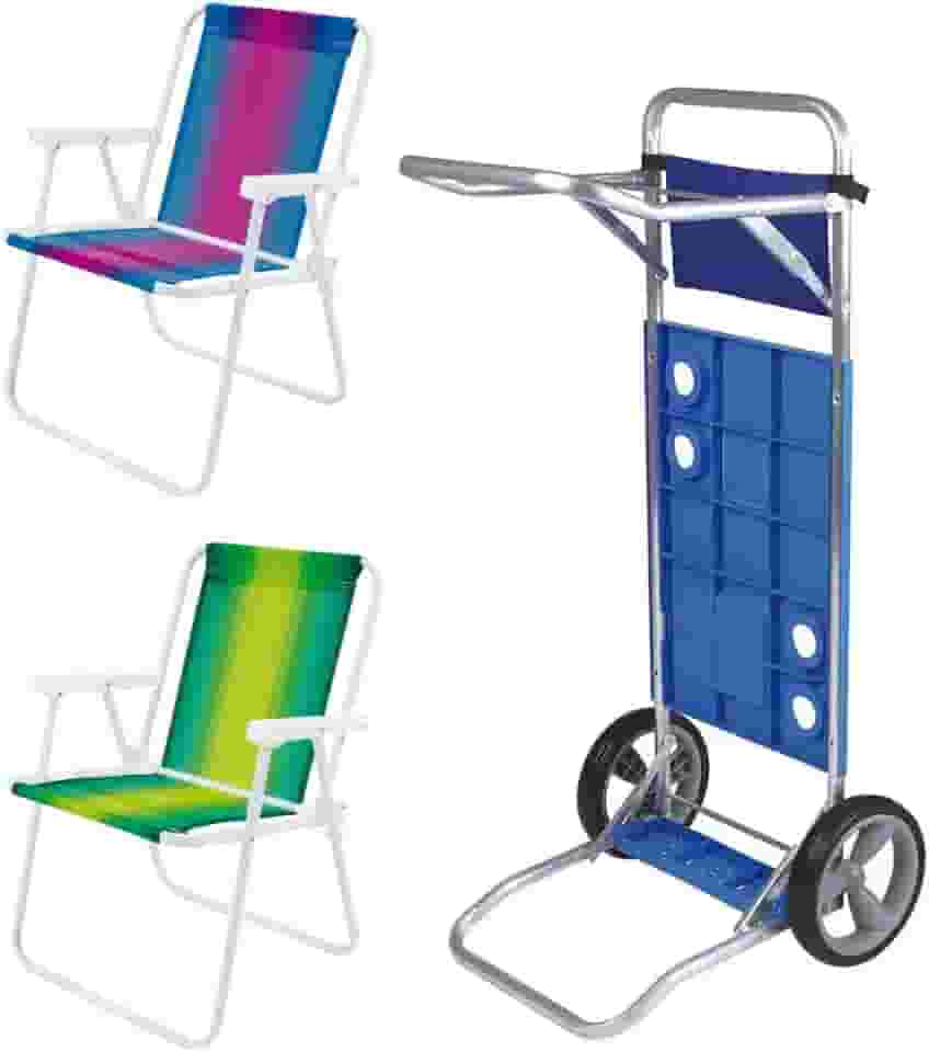 Kit Carrinho De Praia Vira Mesa+duas Cadeiras De Praia Aluminio