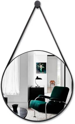 Espelho Adnet Redondo Decorativo 23cm Com Alça De Couro Reforçado e Suporte Para Escritório Banheiro Hall (Preto)