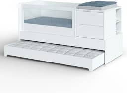Berço Multifuncional Sol e Mar 7 em 1 Divicar com Cômoda Acoplada, Cama Auxiliar, Escrivaninha e Sistema Antirrefluxo Pneumático em MDF com Acabamento Laqueado UV (Branco)