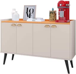 Aparador Buffet Kiev Cantinho Café Decoração Sala Jantar Estar Cozinha 4 Portas Puxador Concha Prateleira Interna Organizadora - RPM Móveis (Off White/Cinamomo)