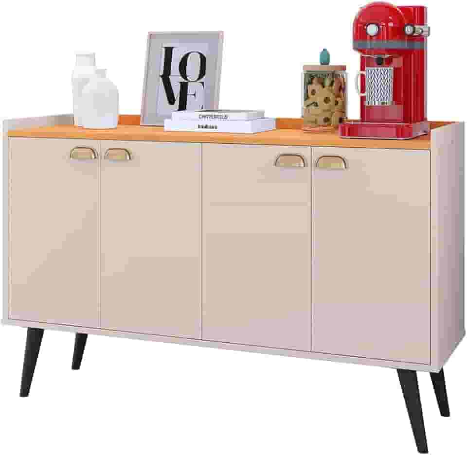 Aparador Buffet Kiev Cantinho Café Decoração Sala Jantar Estar Cozinha 4 Portas Puxador Concha Prateleira Interna Organizadora - RPM Móveis (Off White/Cinamomo)