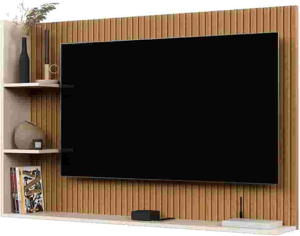 Painel Para TV 50 Polegadas Sala/Quarto Nicho Prateleira Berlim (Ripado/OffWhite)