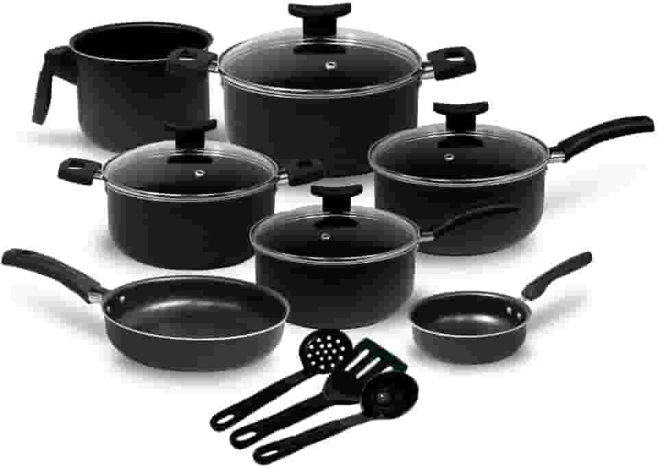 Jogo de Panelas 10 Peças Preto Antiaderente c/Tampa de Vidro e Utensílios