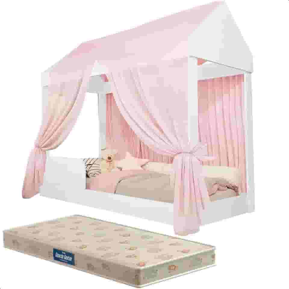 Cama Infantil com Colchão e Voal Rosa Montessoriana Crystal