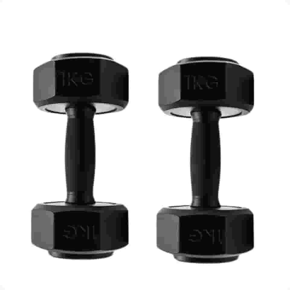 Par de Halteres Sextavados, 1kg, Pretos, para Treino Funcional e Fisioterapia