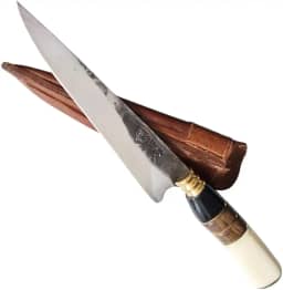 Faca Artesanal FACAS FR Churrasco 7' Aço Carbono 1070 com Cabo de Osso, Madeira e Chifre Bainha de Couro Corte Preciso Produzida no Brasil
