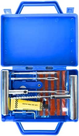 Kit Reparo de Pneus 12 Peças c/Maleta – Maleta Azul Portátil, Macarrão, Escariador, Aplicador, Estilete e Cola – Carro, Moto, Bike – Remendo Sem Câmara