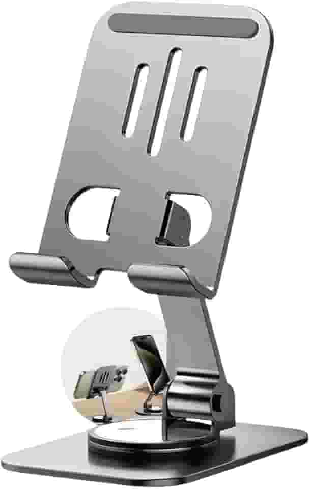 Suporte de Celular de Mesa Universal em Aluminio Premium - Base Estável Antiderrapante, Ajustável, Articulado com Giro 360°, Dobrável e Leve