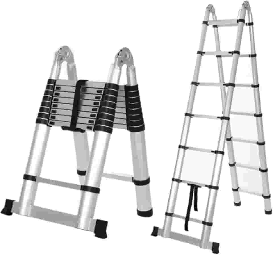 Escada telescópica A de 2,2 m + 2,2 m, escada compacta de extensão de alumínio dobrável de 3,5 m, escada telescópica portátil para viagens de acampamento ao ar livre, motorhome com barra