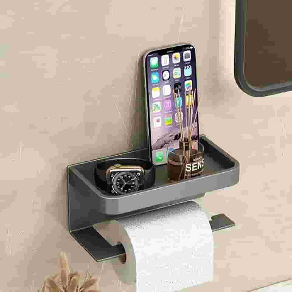 Suporte Papel Higiênico Premium Multifuncional com Apoio para Celular Sem Furos, Fixação com Adesivo Linha Premium M5 Armarinhos (1 Peça)