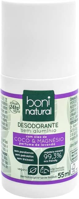 Desodorante Roll-On sem Alumínio, Natural, Vegetal e Vegano, Coco e Magnésio, com Perfume Suave de Lavanda, Boni Natural, 55ml