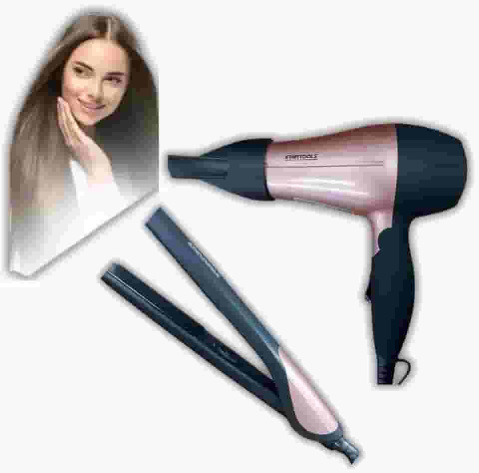 Kit Secador de Cabelo 1200W Preto e Chapinha Rosa Bivolt 50W, 2 Velocidades e 2 Temperaturas, Design Ergonômico