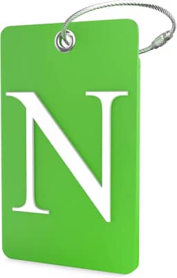 Etiqueta de bagagem com inicial – etiqueta totalmente dobrável com laço de aço inoxidável (letra N)