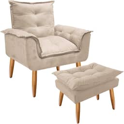 Combo Poltrona Decorativa Opala Deluxe com Puff Suede Bege