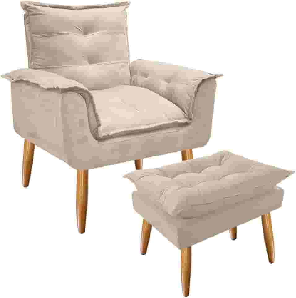 Combo Poltrona Decorativa Opala Deluxe com Puff Suede Bege