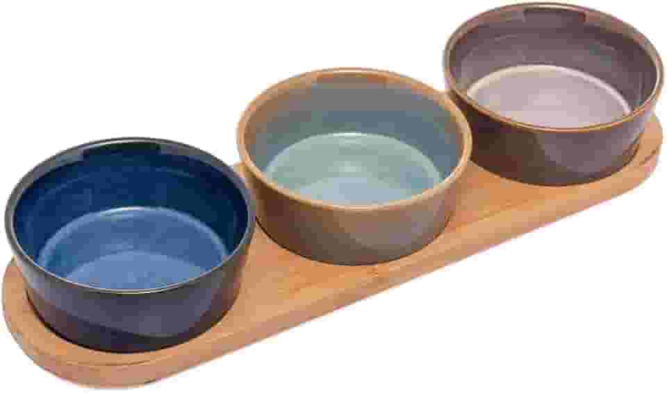 LYOR - Conjunto 3 Petisqueiras de Cerâmica com Bandeja de Bambu 32cm x 9,5cm x 5cm