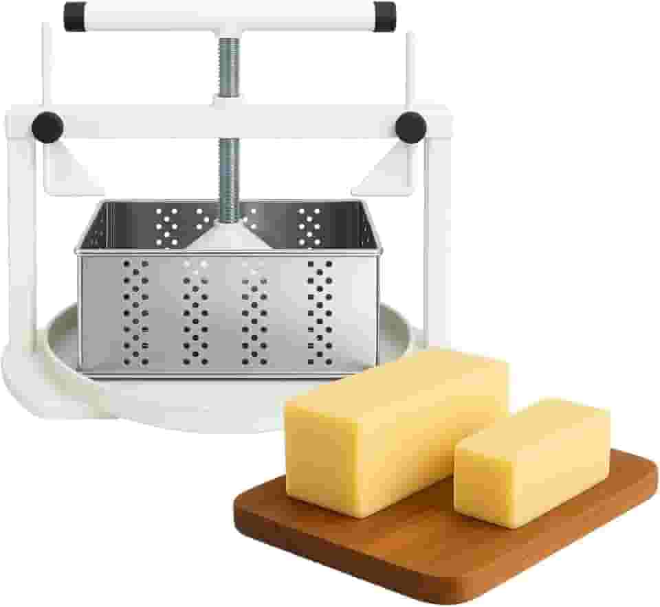 Kit Prensa Queijo Caseira Artesanal + 2 Formas de Queijo Minas Frescal Inox Retangular 500g e 1kg + Tampas e Reservatório