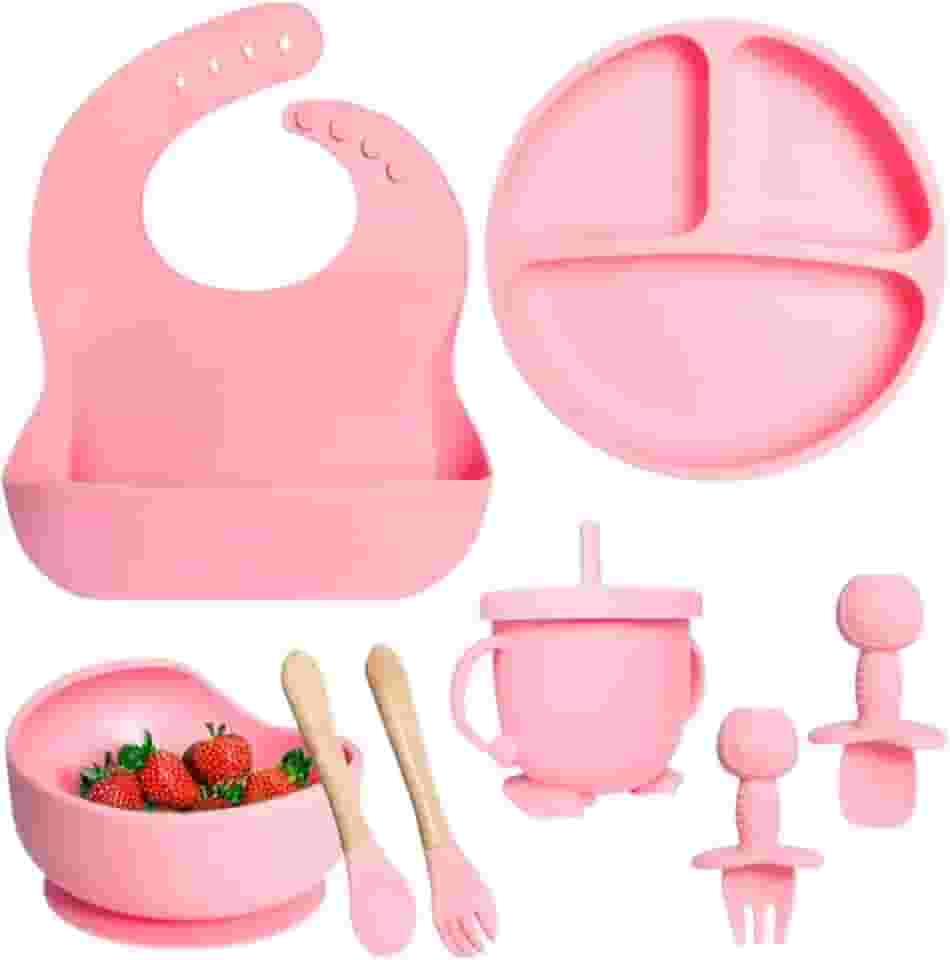 Kit Introdução Alimentar Bebê 8 Peças Prato + Bowl Babador Copo + Tampa com Canudo + 2 Talheres + 2 Talheres Ponta Silicone Cabo de Madeira 100% Silicone Antitóxico Premium (Rosa)