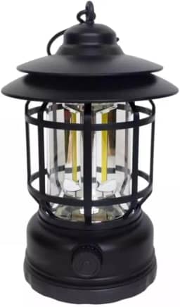 Lampião Lanterna Led Portátil De Camping Barraca Retro Recarregável Via USB Tipo C Luminária Para Acampamento e Pesca Com Regulagem De Intensidade Gancho Pendurar Bateria Longa Duração (Preto)