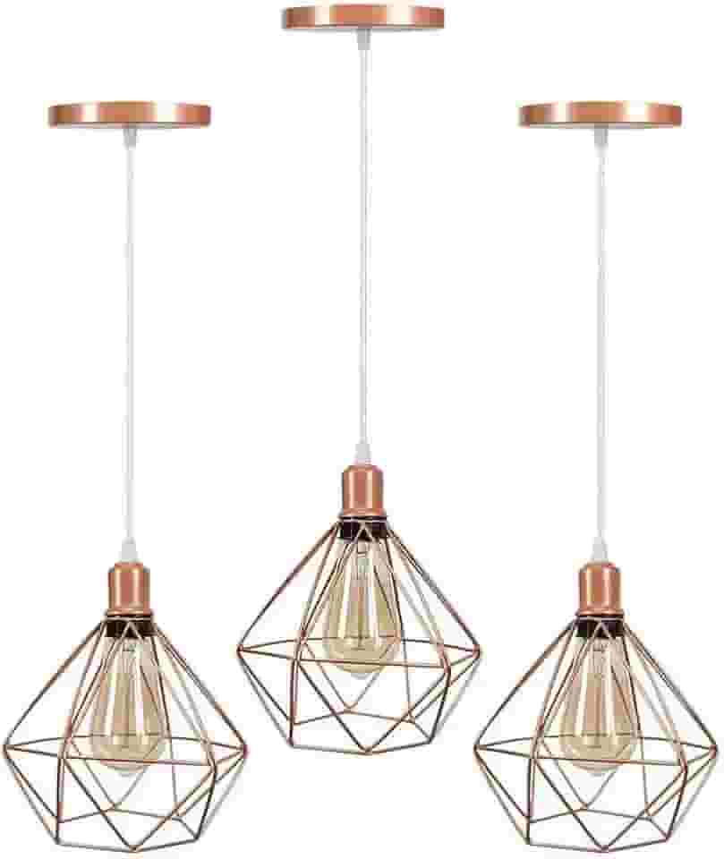 Kit 3 Lustre Pendentes Diamante Luminárias de Teto Cabo Regulável Modelo Diamante Rose Gold