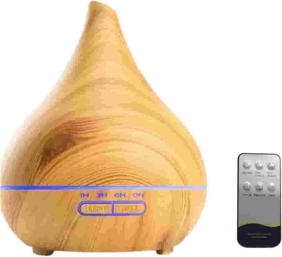 Umidificador Ar Ultrassônico 400ml, Difusor Óleos Essenciais, Aromatizador, Purificador de Ar Com Led 7 Cores, Com Controle Remoto, Temporizador De Até 8hrs, Desligamento Automático (Madeira Clara)
